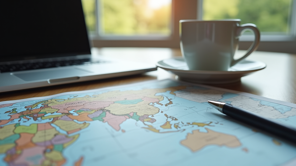 Close-up view of a travel planner’s desk with maps, a laptop, and a cup of coffee