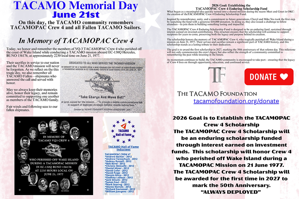 June 21st TACAMO Memorial Day  Link:  https://www.tacamo.org/tacamopaccrew4