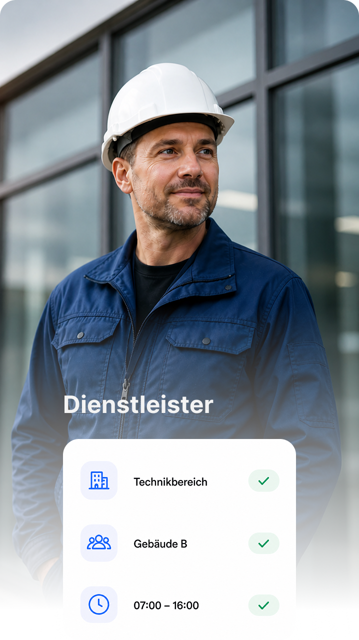 Mitarbeiterin mit vollständigen Zutrittsrechten für Haupteingang und Bürobereich innerhalb festgelegter Arbeitszeiten