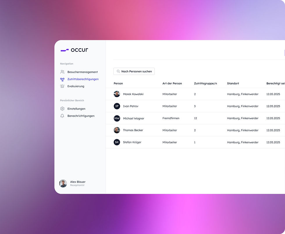 Benutzeroberfläche einer Software für Besuchermanagement mit Seitenleiste und Terminübersicht, die heutige Termine sowie Gastgeber und Termininformationen anzeigt.