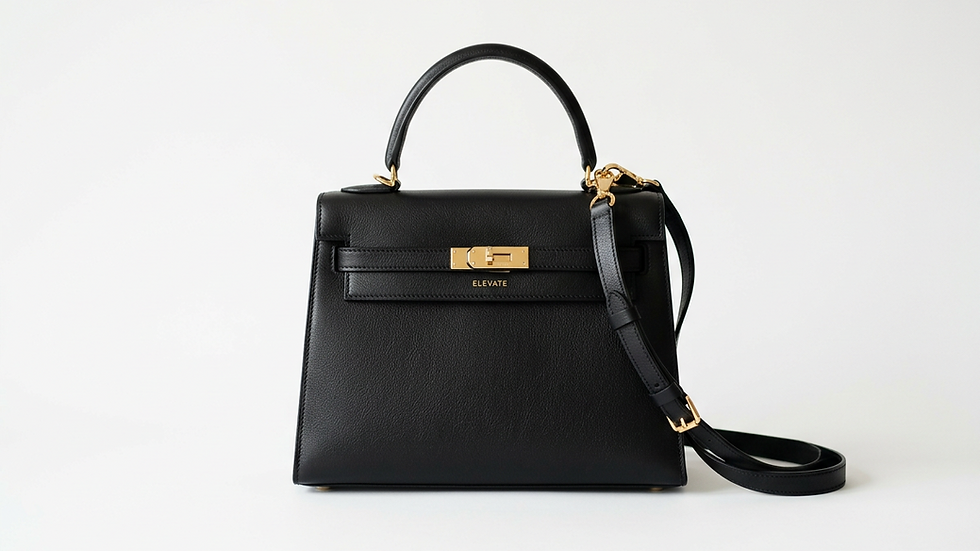 Eye-level view of a sleek black leather handbag on a minimalist white background