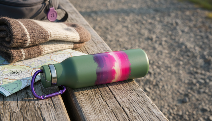 Close-up of a reusable water bottle beside trail gear on a wooden bench