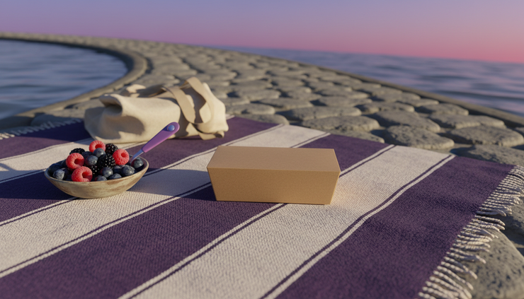 Low-angle view of a packaged snack box on a picnic blanket with fruit and a tote bag