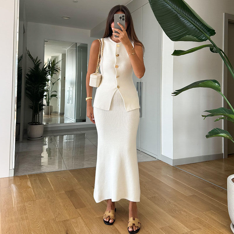 Thumbnail: Elegant Knit Vest Suits Women Solid Single Breasted O-neck Sleeveless Slim Waist