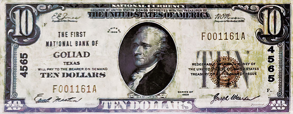 Abb. 8: 10 US-Dollars 1929, Vs., First National Bank of Goliad/Texas, Nummer F001161A (Marshall Mallory s. o.).