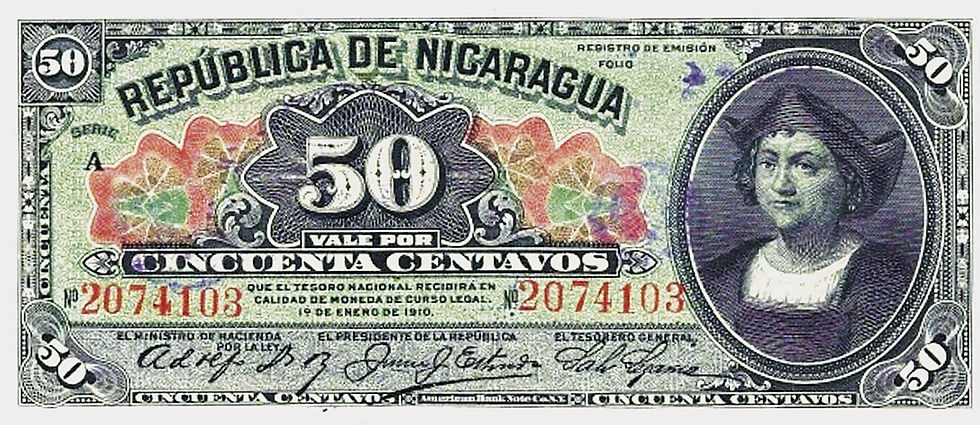 Abb.12: 50 Centavos, 1. Januar 1910, Vorderseite, Schatzschein der República de Nicaragua, Porträt von Christoph Kolumbus.