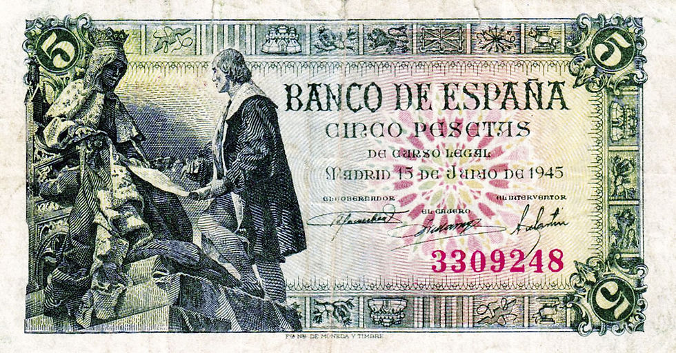Abb. 29: 5 Pesetas, 15. Juni 1945, Vorderseite, Kolumbus erhält von Königin Isabella I. am 17. April 1492 die Urkunde zum Auftrag einer Entdeckungsreise in den Atlantischen Ozean.