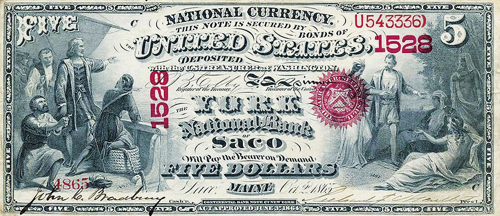Abb. 26: 5 Dollars, 2. Oktober 1865, Vorderseite, Banknote der York National Bank of Saco/Maine, Kolumbus sichtet Land (links) – „Indian Princess“ als Allegorie Amerikas (rechts).