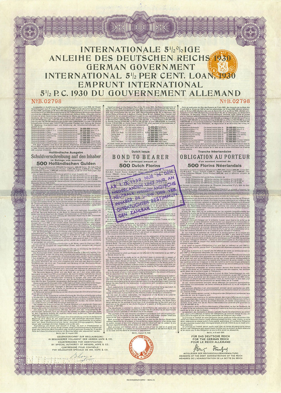 Abb. 9: Internationale 5 ½ %ige Anleihe des Deutschen Reiches 1930 (Young-Anleihe), 15. August 1930, 500 Holländische Gulden, Vorderseite. Rückseite bildgleich Abb. 8.2.