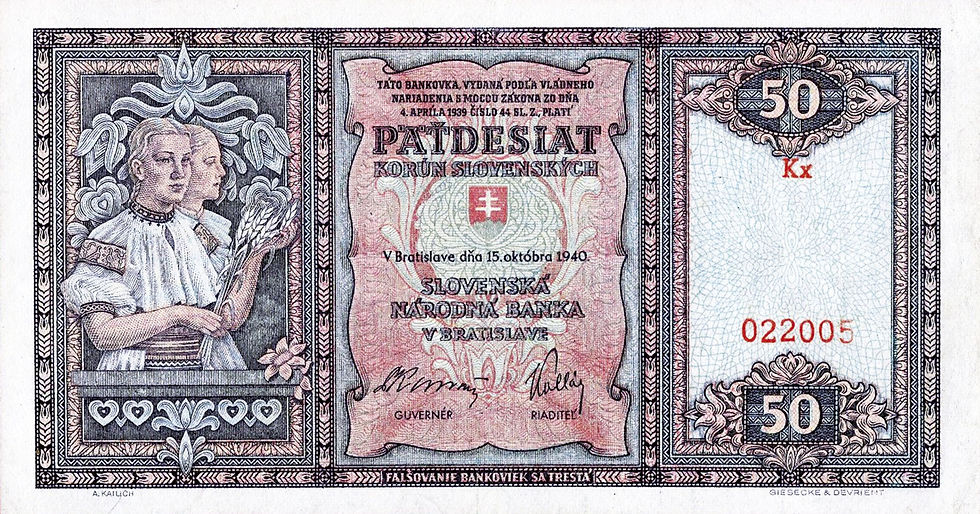 Abb. 12: 50 Korún 15. októbra 1940, Vs., Slowakische National-Bank; ab 18. Dezember 1941 ausgegeben; Rückseite mit mehrsprachigem Text der Währungsangabe.
