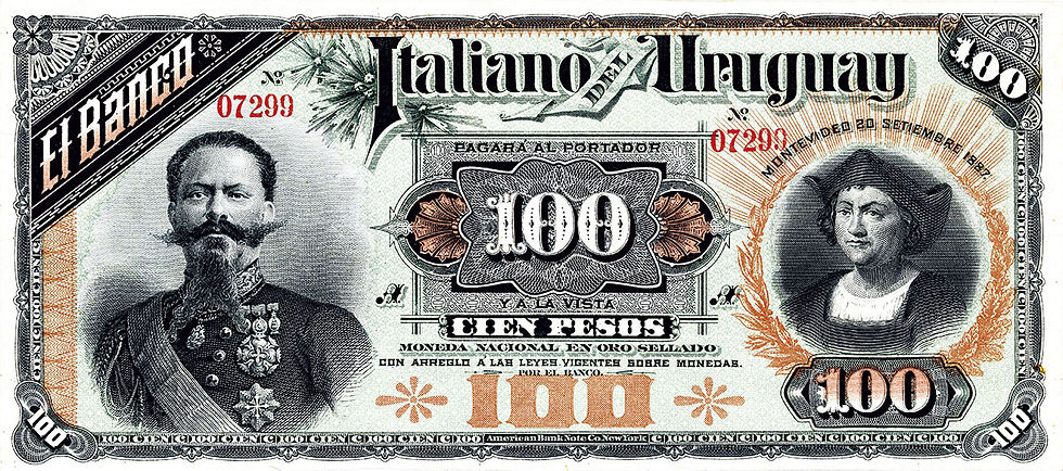 Abb. 20: 100 Pesos, 20. September 1887, Vorderseite, Banco Italiano del Uruguay, neben dem Porträt des italienischen Königs Vittorio Emanuele II. ist rechts ein Medaillon mit der Büste von Christoph Kolumbus abgebildet.