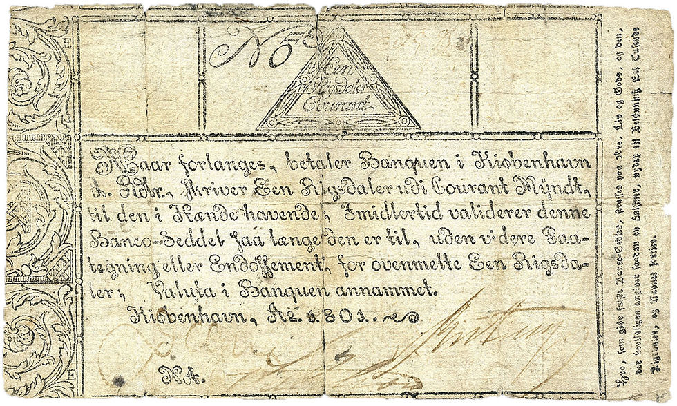 Königreich Dänemark: Note zu 1 Rigsdaler Courant aus dem Jahr 1801, Vorderseite. Abb. www.worbes-verlag.de