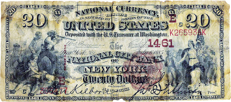 Abb. 18: 20 Dollars, 6. Juli 1885, Vs., 184 mm × 80 mm, Banknote der National City Bank of New York.