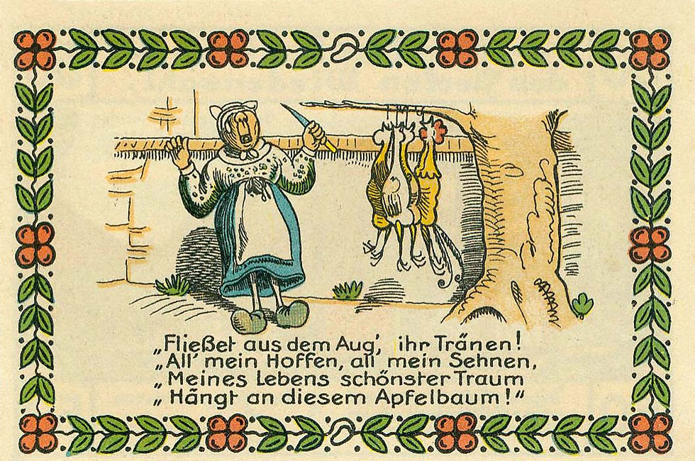 Abb. 4: Der Gutschein zeigt auf der Rückseite die um die Hühner trauernde Witwe Bolte.
