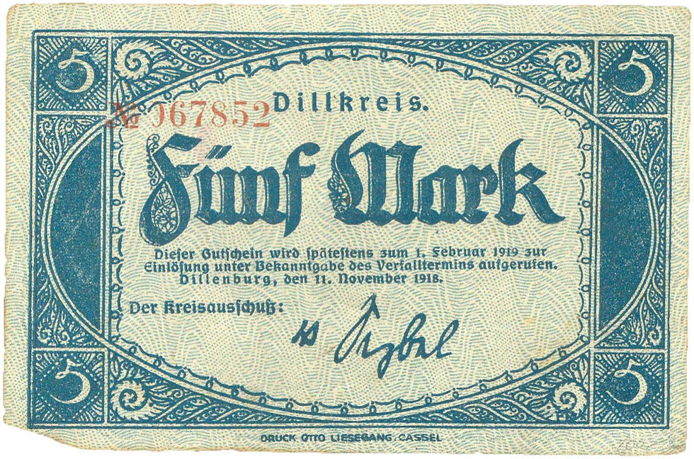 Abb. 4.1: Dillkreis (Dillenburg), 11. November 1918, 5 Mark, Vorderseite. Am linken und unteren Rand sind deutliche Brandspuren zu erkennen.