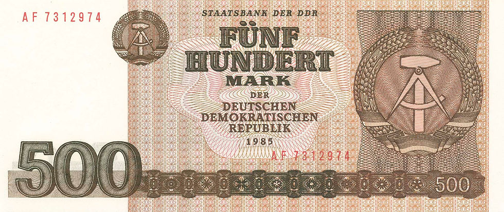 Abb. 1: Staatsbank der DDR, Banknote zu 500 Mark von 1985, Original, Vorderseite, Abb. Archiv für Geld- und Zeitgeschichte, Sammlung Grabowski.