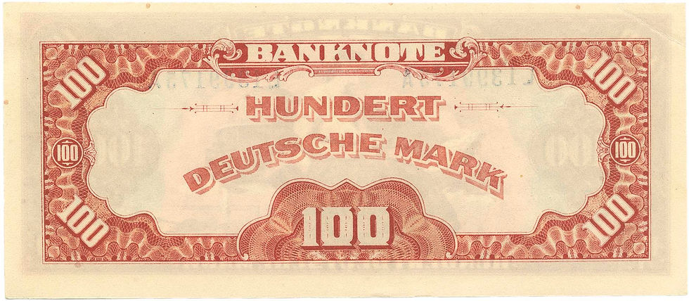 Bank deutscher Länder: Fälschung zu 100 Mark von 1948 ("Roter Hunderter"), Rückseite. Abb. Archiv für Geld- und Zeitgeschichte, Sammlung Grabowski.