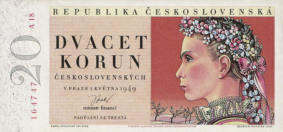Abb. 13: 20 Korun 1. kvetna 1949, Vs.,Tschechoslowakisches Finanzministerium; ab 21. Dezember 1949 ausgegeben.