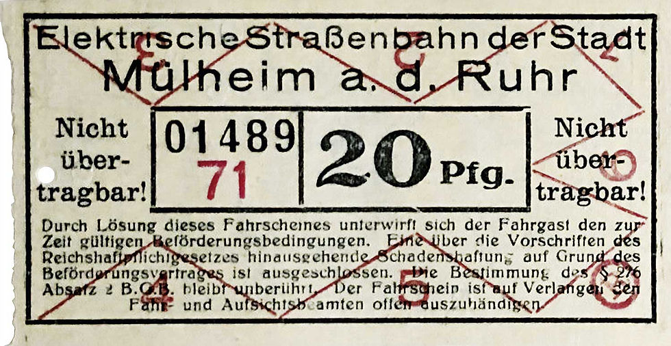 Abb. 18: Fahrschein 20 Reichspfennig o. D. (vor 1945), Vs., Elektrische Straßenbahn der Stadt Mülheim an der Ruhr.