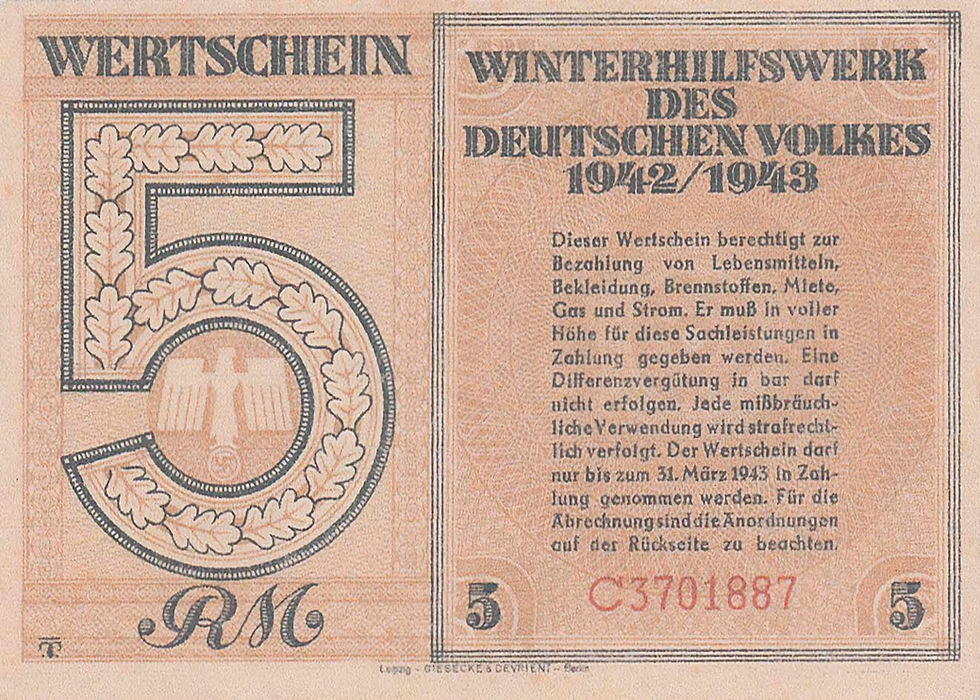 WHW-38: Gutschein des Winterhilfswerks zu 5 RM von 1942/43 mit Serie C, Vorderseite.
