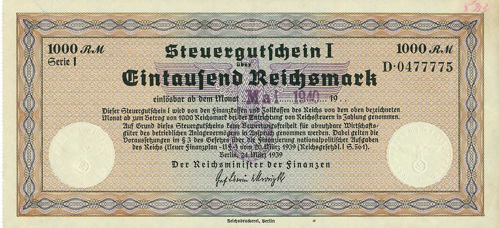 Abb. 4: Steuergutschein I, 24. März 1939, 1000 RM (hier: Einlösung Mai 1940 und Trockenstempel „Reichsfinanzministerium“), Vorderseite.