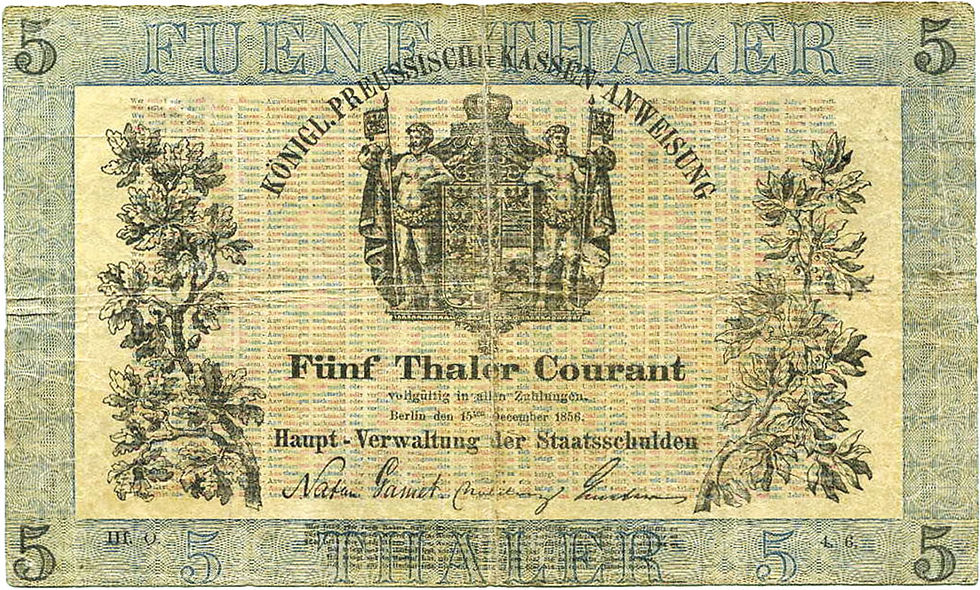 Abb. 14: 5 Thaler Courant, 15. September 1856, Vs., 130 mm × 85 mm, Kassenanweisung der preußischen Hauptverwaltung der Staatsschulden.
