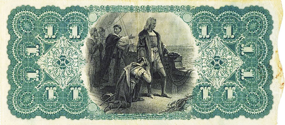 Abb. 5: 1 Peso, 15. Juni 1872, Rückseite, Banknote der Banco Español de La Habana/Kuba, Kolumbus auf der „Santa María".