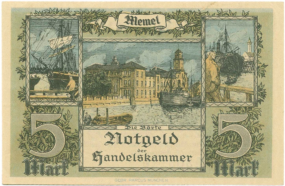 Notgeld der Handelskammer des Memelgebiets über 5 Mark vom 22. Februar 1922, Rückseite, mittig mit der Börse und links und rechts mit Schiffen im Hafen von Memel.