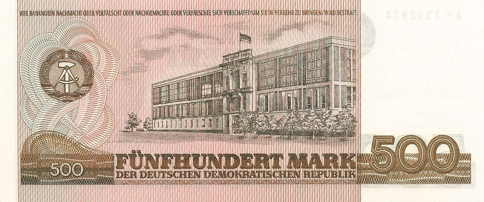 Abb. 1: Staatsbank der DDR, Banknote zu 500 Mark von 1985, Original, Rückseite, Abb. Archiv für Geld- und Zeitgeschichte, Sammlung Grabowski.