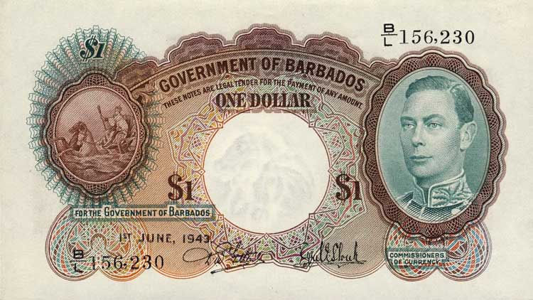 Aus privaten Sammlungen 1 Dollar des Government of Barbados von 1943