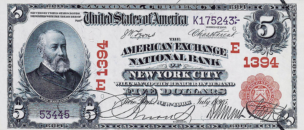 Abb. 20: 5 Dollars, 1. Juli 1905, Vs., 184 mm × 80 mm, Banknote der American Exchange National Bank of New York.