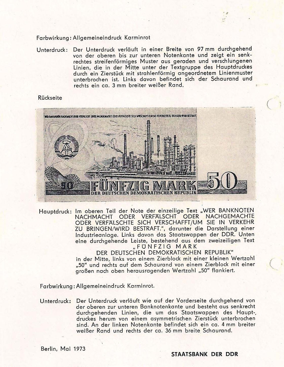 Ankündigung der Staatsbank der DDR zur Erstausgabe der Banknote zu 50 Mark "Nur für den Dienstgebrauch". Quelle: Konzernarchiv der KfW.