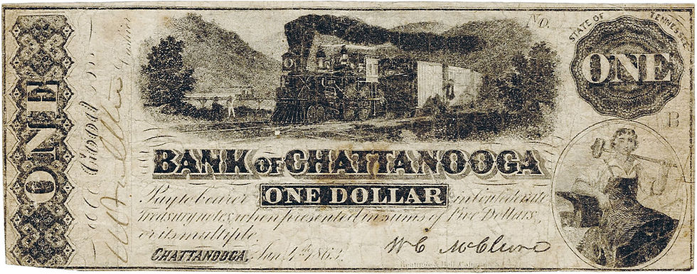Abb. 12: 1 Dollar, 4. Januar 1863, Vs., 186 mm × 78 mm, Banknote der Bank of Chattanooga/Tennessee (Südstaaten).
