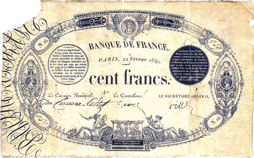 Abb. 9: 100 Francs, 22. Februar 1849, Vs., 180 mm × 110 mm, Banknote der Banque de France; Schurz verdiente durch journalistische Arbeiten etwa 180 Francs monatlich.