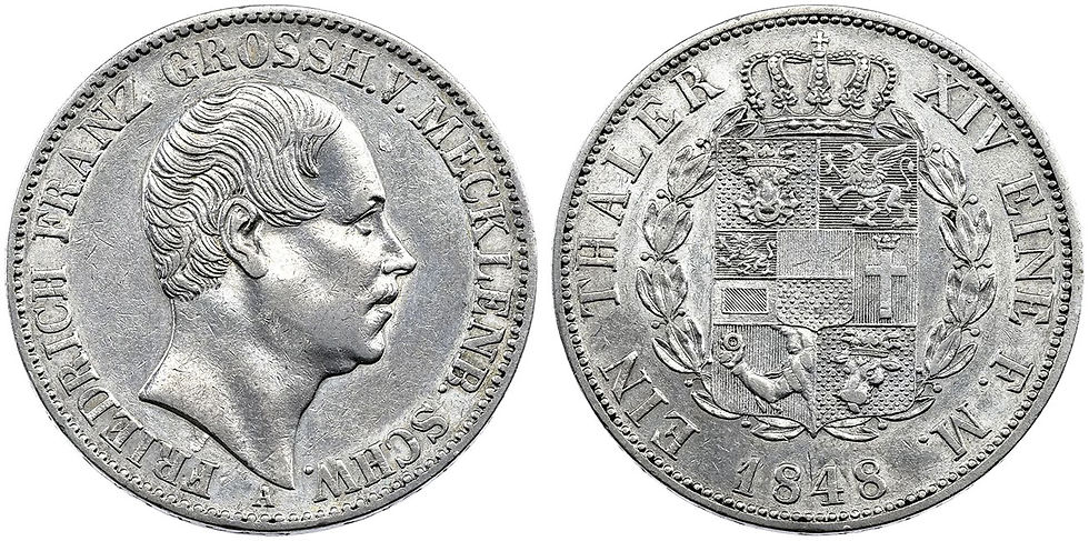 Abb. 6: 1 Thaler, 1848, Vs./Rs., 34,5 mm Ø, 750-er Silber, sog. „Angsttaler“ Großherzogtum Mecklenburg-Schwerin, Großherzog Friedrich Franz II.