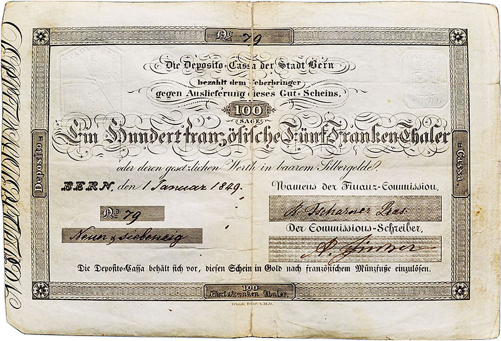 Abb. 4: 100 französische 5-Franken-Thaler, Vs., 1. Januar 1849, Vs. 204 mm x 144 mm; Banknote der Deposito-Cassa der Stadt Bern (ursprünglich lauteten die befristeten Noten auf 500 Franken alter Währung).