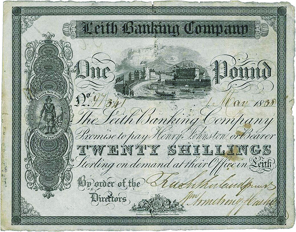 Abb. 7: 1 Pound/20 Shillings, 1. Mai 1838, Vs., 132 mm × 122 mm, Banknote der Leith Banking Co.