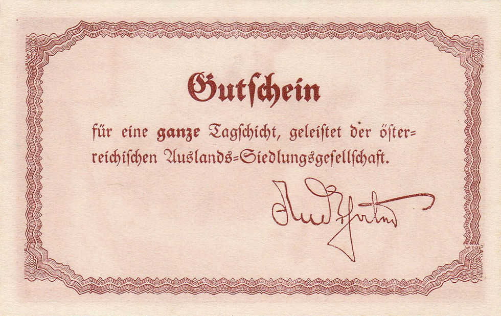Bild 8.1: Gutschein der österreichischen Auslands-Siedlungsgesellschaft für eine ganze Tagschicht ohne Datum, Vorderseite.
