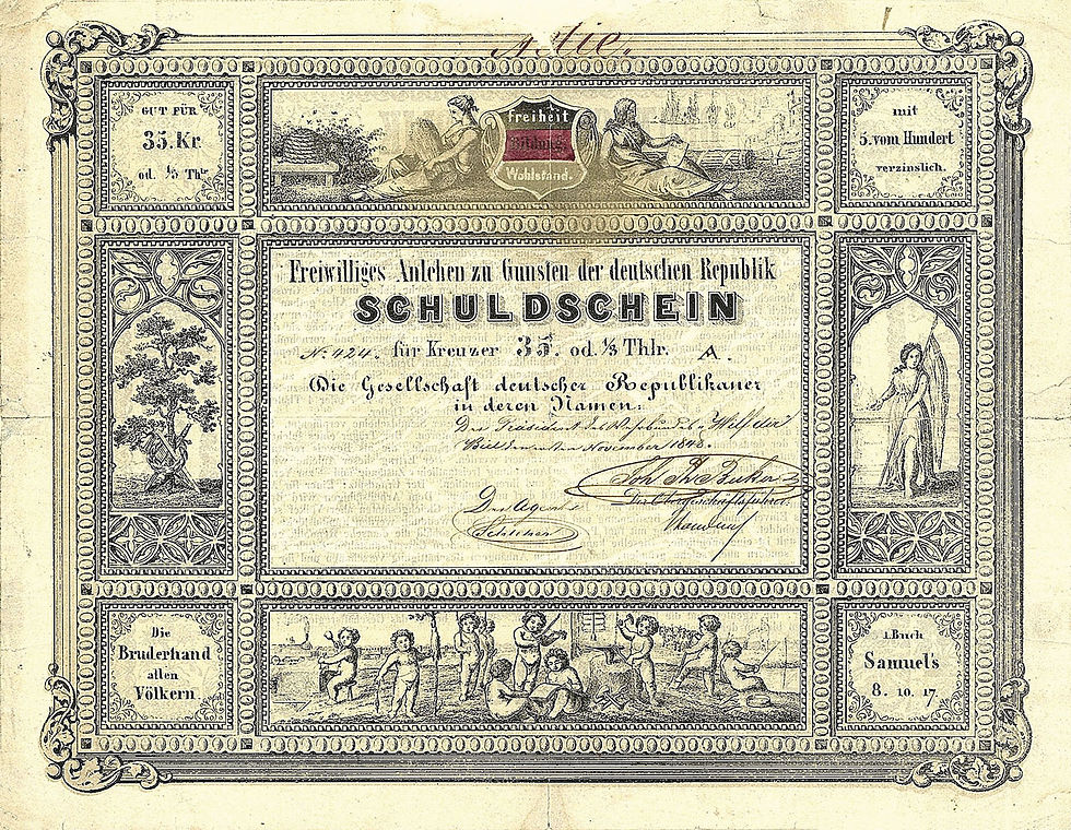 Abb. 2: 35 Kreuzer, Januar 1849, Vs., 187 mm × 242 mm, 5 %-er Schuldschein der Gesellschaft deutscher Republikaner („Freiwilliges Anlehen“ zu Gunsten der deutschen Republik).