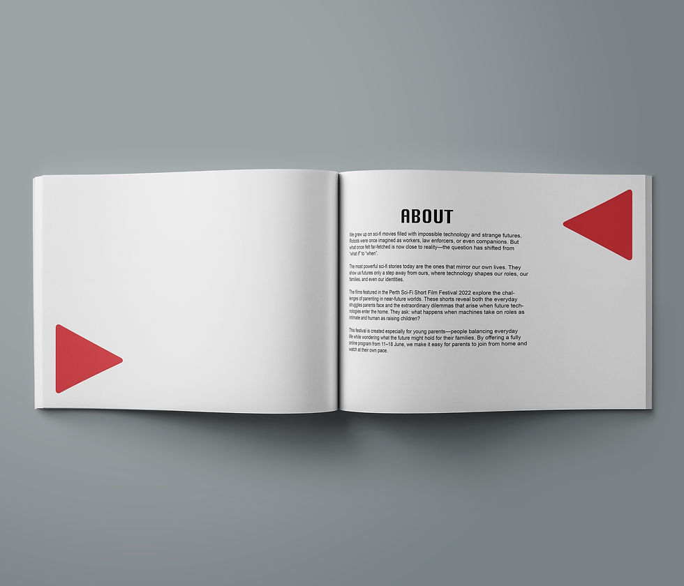 Booklet inner spread displaying organised editorial layout, film stills, and clean text grids.