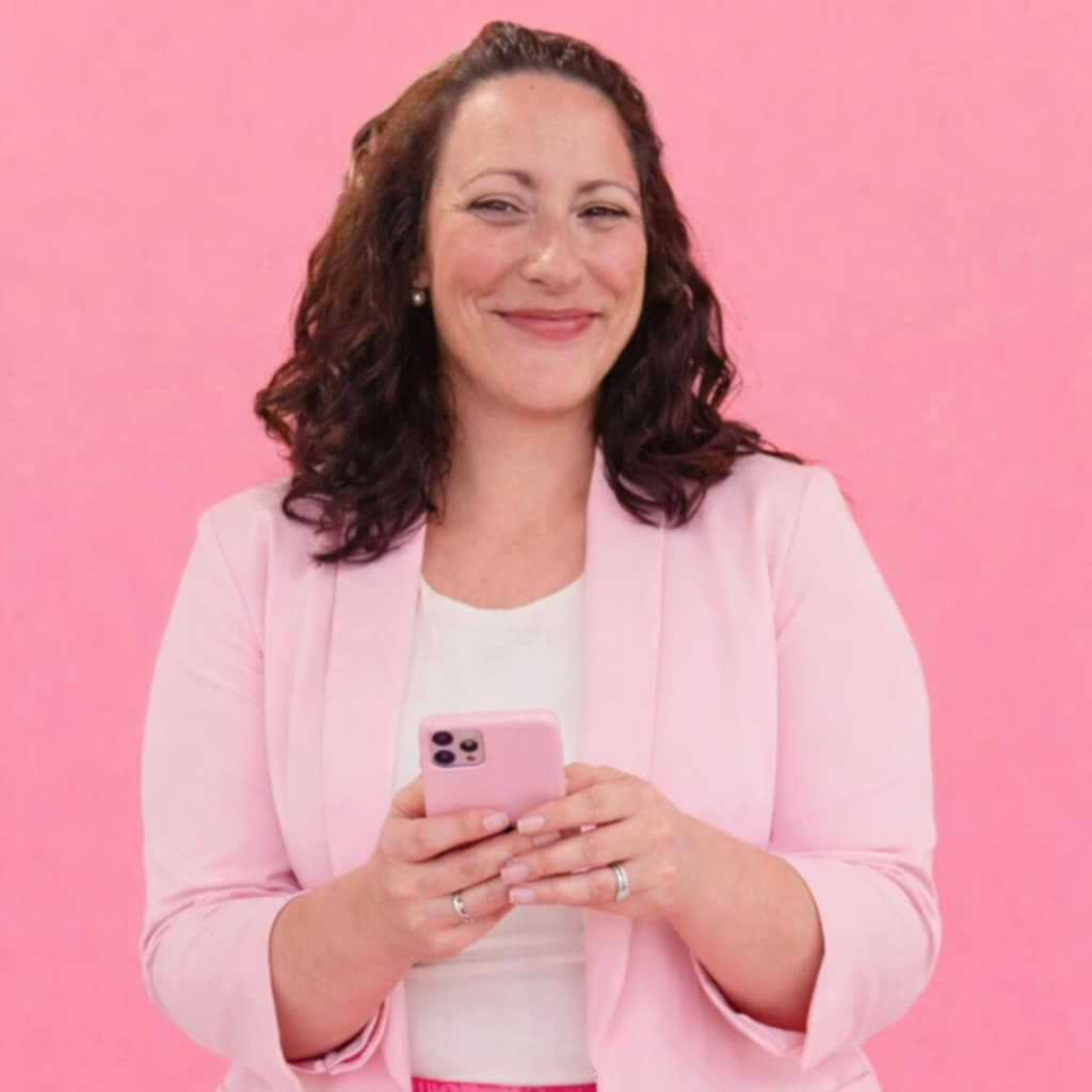 A smiling portrait of Paola Antieri, with medium length brown hair, wearing a pink shirt against a pink background
