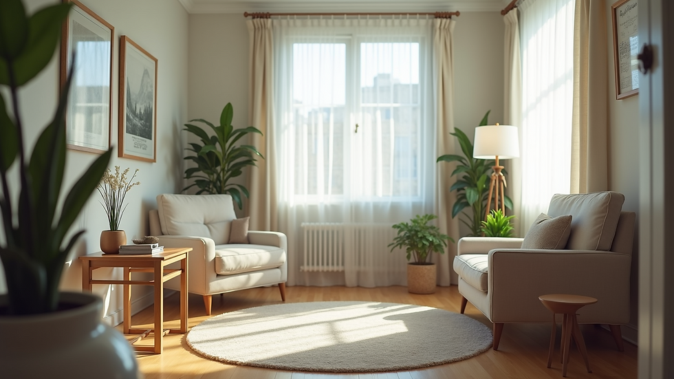 Eye-level view of a therapist's office with comfortable seating and calming decor
