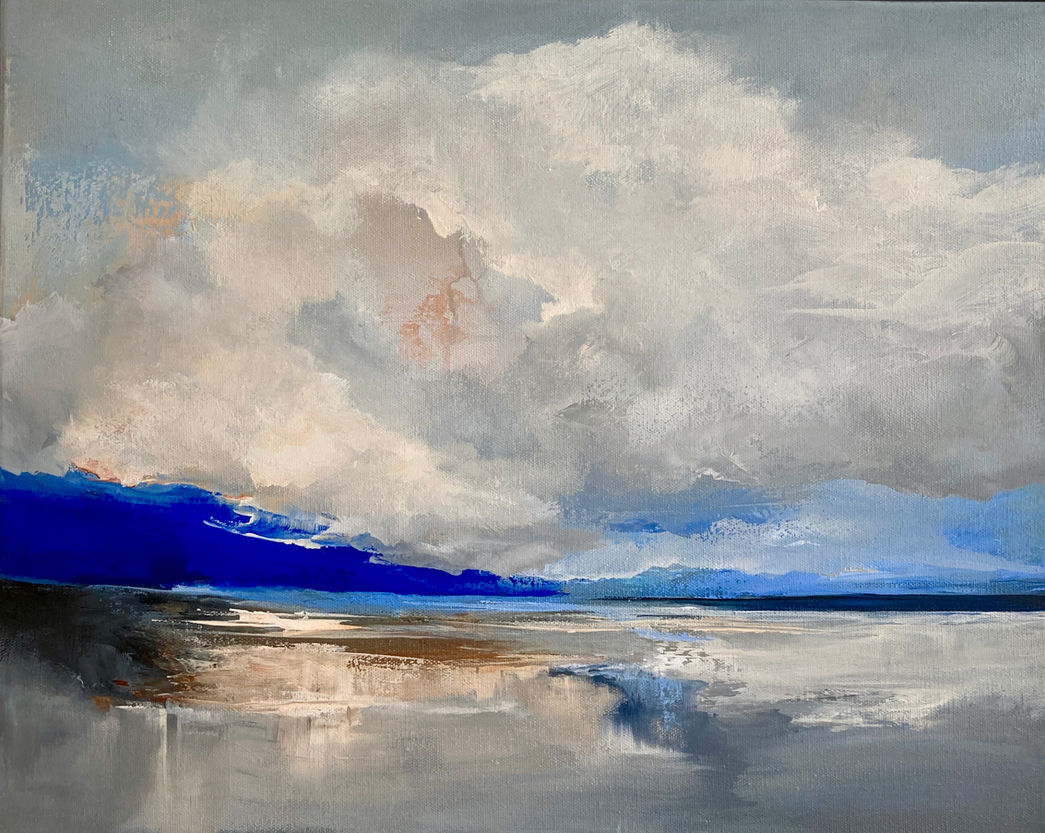 Deep blue and burnt Sienna sea painting Jo Payne
