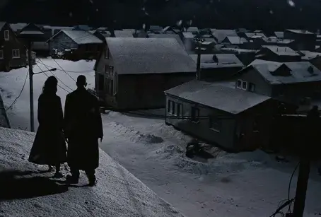 A man and a woman are standing on the roof of a house. They are looking down at a small town covered in snow.