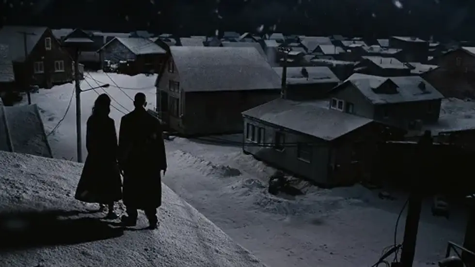 A man and a woman are standing on the roof of a house. They are looking down at a small town covered in snow.