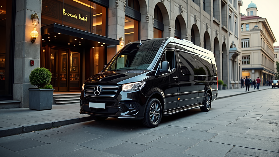 Wide angle view of a luxury van parked outside a hotel entrance in Istanbul