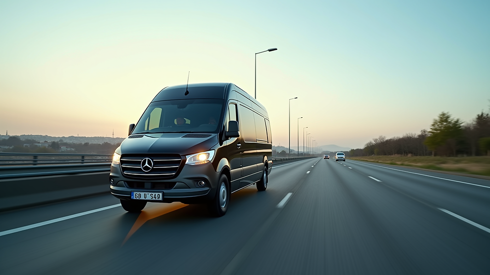 Wide angle view of a private transfer van driving on a highway near Istanbul Airport