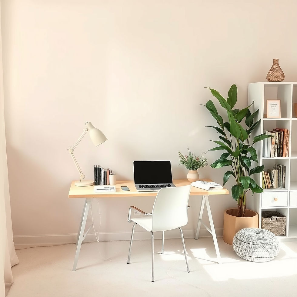 Home office workspace soft light. Background in linen _ beige _ dusty rose _ soft sage, wi
