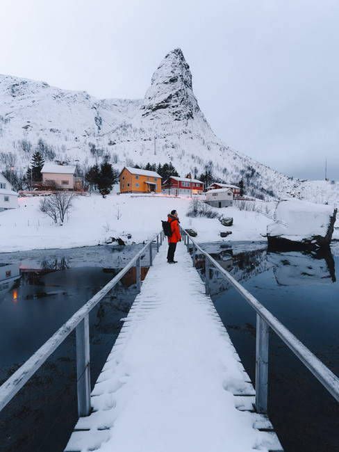 Lofoten Islands in winter and a person standing 