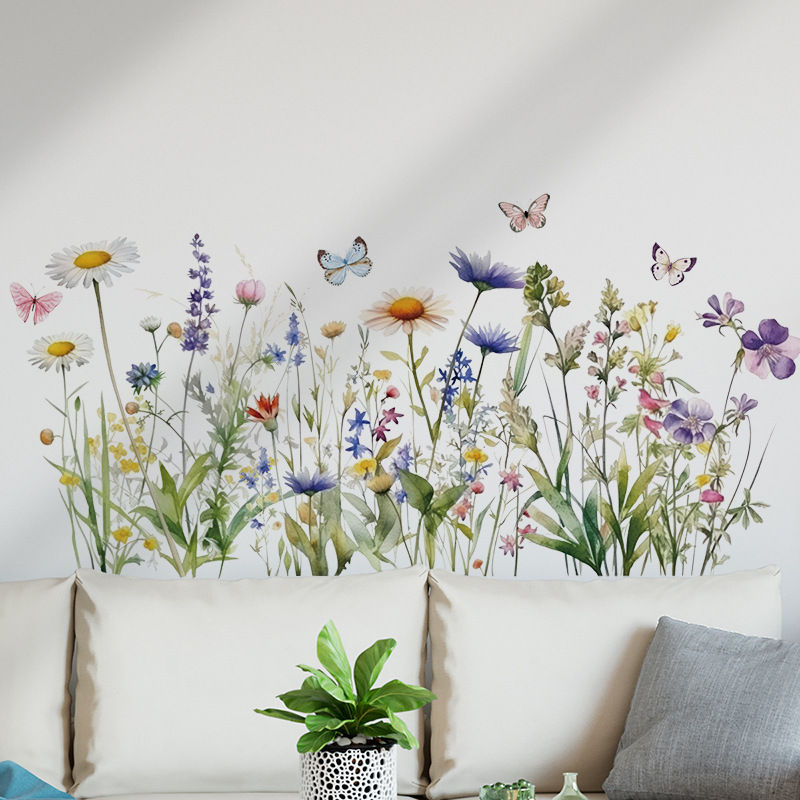 Thumbnail: 2pcs/set Artistic PVC Wall Decal, Nordic Style Flower And Butterfly Mural, Self-
